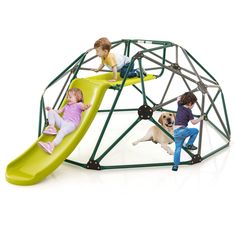 two children playing on a play set with a dog and a slide in front of them