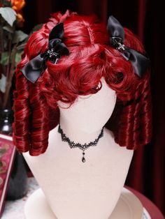 Red Lolita Wig with Roman Curls - Elegant Vintage Witch Double Ponytail for Halloween.  This wig features a Roman curl design with a charming ponytail style and curly bangs that perfectly frame the face. The set includes one wig and two hair clips, offering a complete and stylish look. Victorian Goth Hair, Curly Short Red Hair, Sci Fi Hair, Victorian Curls, Styled Wigs, Weird Hair, Vampire Design, Vampire Hair, Vintage Vampire