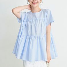 Product Type: Blouses Style: Elegant Fit: Loose Fabric: Cotton Pattern: Check,Solid Element: Ruffle Top Length: Regular Neckline: Crew Neck Sleeve Type: Regular Sleeve Length: Short Sleeve Main Composition: Cotton Season: Summer Blue Harajuku Cotton Tops, Kawaii Cotton Short Sleeve Tops, Blue Cotton Drop Shoulder T-shirt, Blue Short Sleeve T-shirt In Ring-spun Cotton, Korean Shirt, Blue Cotton T-shirt With Ruffles, Loose Fabric, Textured Dress, High Waist Dress