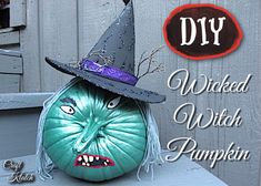 a green pumpkin with a witch hat on it's head and the words, diy wrapped with pumpkin