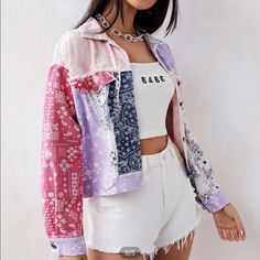 New With Tags, Size Small, Pink, Purple, Blue, White Bandana Print Jacket Purple Patchwork Cotton Outerwear, Summer Pink Patchwork Outerwear, Trendy Pink Patchwork Outerwear, Pink Patchwork Outerwear For Summer, Purple Long Sleeve Summer Outerwear, Long Sleeve Purple Summer Outerwear, Casual Purple Summer Outerwear, Casual Purple Outerwear For Summer, White Bandana