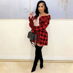 Plaid Print Long Sleeve Single-breasted Shirt Dress Plaid Long Sleeve Mini Dress For Day Out, Dress With Over The Knee Boots, Leather Blouse, Plaid Shirt Dress, Skirt And Boots, Elegant Cocktail Dress, Button Shirt Dress, Birthday Party Outfits, Dresses Casual Winter