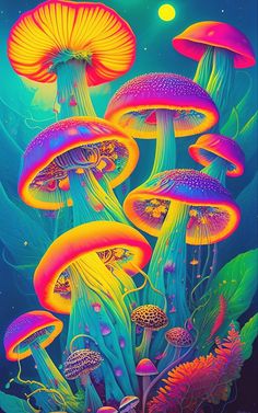 an image of colorful mushrooms in the night sky