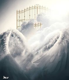 an artistic painting of two white angel wings in front of a gate with golden gates