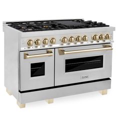 an oven with two burners and gold knobs on the front, in stainless steel