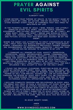 the back cover of prayer against evil spirits, which is written in blue and green