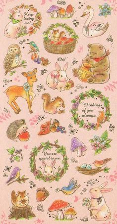 a pink sticker sheet with various animals and plants on the front, in different colors