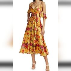 New Never Worn Color: Marigold (Mustard Yellow). Large Scale Florals In A Painterly Finish Highlight This Slinky Midi Dress. Ruffle Cold-Shoulder Sleeves. Surplice Neck. Concealed Back Zipper. Label Is Missing Pit To Pit 21.5 " Waist 18 " Length 52 " Gold V-neck Midi Dress For Spring, Gold Midi Dress For Summer Formal Events, Gold Silk Midi Length Dress, Gold V-neck Dress With Floral Print, Gold Knee-length Summer Dress, Gold Midi Dress For Summer Cocktail, Yellow Silk Dress For Garden Party, Elegant Gold Maxi Dress For Brunch, Gold Midi Dress For Spring Cocktail