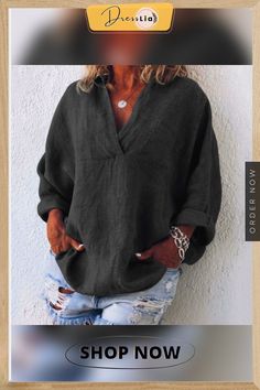 Xs-8xl Autumn Tops Plus Size Fashion Clothes Women's Casual Long Sleeve Tee Shirts Deep V-neck Tunic Tops Ladies Blouses Pullover Loose T-shirts Solid Color Linen Blouses Casual Solid Color V-neck Shirt, Casual Black Blouse With Split Neck, Casual Long Sleeve V-neck Top For Summer, Oversized Solid Color V-neck Top, Solid Color V-neck Blouse With Relaxed Fit, Casual Split Neck Tops For Fall, Solid V-neck Shirt For Fall, Casual Split Neck V-neck Top For Fall, Casual V-neck Split Neck Top For Fall