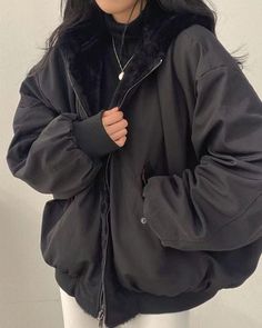 Details: Puffer zip jacket with fleece materialTop Length: Normal Sleeve Length: Long Sleeves Materials: 95% Polyester + 5% Spandex Cute Winter Jackets, Aesthetic Jackets, Clothing Wishlist, Skirt Heels, Heavy Jacket, Hooded Parka, Parka Coat, Oversized Jacket, Winter Mode