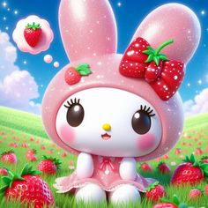 a cute little bunny sitting in the grass with strawberries on her head and eyes