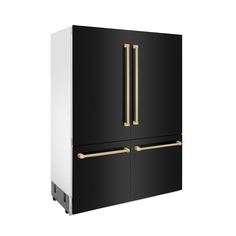 a black and white refrigerator with gold handles