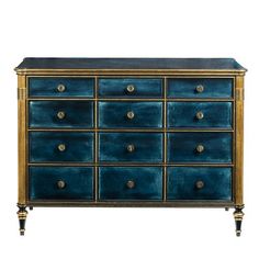 a blue and gold dresser with many drawers on the bottom, one drawer open to reveal an image