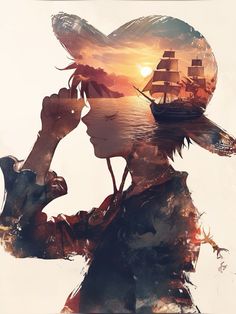 a person with a pirate hat looking at a ship in the distance and holding their hand up to his face