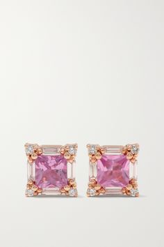 Leave it to Suzanne Kalan to make classic solitaire studs feel so fresh and cool. Handmade from 18-karat rose gold, these earrings are set with princess-cut pink sapphires framed by 0.24-carats of diamonds. Make them your every day signature. Luxury Pink Diamond Earrings Brilliant Cut, Luxury Pink Brilliant Cut Diamond Earrings, Luxury Pink Earrings With Brilliant Cut, Elegant Pink Sapphire Earrings For Formal Occasions, Elegant Pink Sapphire Earrings For Formal Events, Elegant Gia Certified Pink Sapphire Jewelry, Luxury Rose Gold Earrings With Baguette Diamonds, Elegant Pink Sapphire Earrings In Yellow Gold, Elegant Yellow Gold Earrings With Pink Sapphire