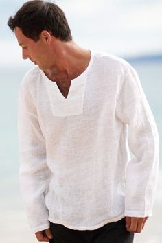 Men's Linen Gauze White Long Sleeve Beach Shirt... A casual Asian-style Lanai pullover uses a lightweight, loose-weave, gauze linen blend. This resort-style shirt has long sleeves for covering up the sun without blocking the breeze. Perfect for your summer wardrobe and to enjoy the beach! Tan Linen Pants, Shirt Outfit Men, Gauze Shirt, Linen Men, Linen Fashion, Linen Shirt Men, Mens Linen, Sharp Dressed Man, Beach Shirts