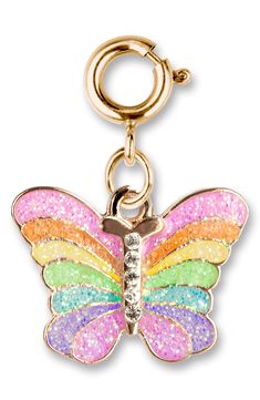 a key chain with a colorful butterfly charm on the front and back of it's clasp