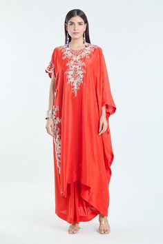 Red kaftan with contrasting floral, dori, cutdana and pearl embroidery. Comes with solid draped skirt. - Aza Fashions Red Kaftan, Anamika Khanna, Pearl Embroidery, Draped Skirt, Red Silk, Embroidered Silk, Skirt Pattern, Set For Women, Aza Fashion