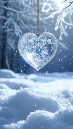 a heart shaped ornament hanging from a tree in the snow