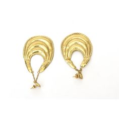 This is part of Chairish’s Fine Jewelry assortment.  These very fine vintage Etruscan revival style 18K gold Italian pair of pierced earrings are from an important jeweler from the 70's in Capri, Italy. They are very light in weight and fine as in the workmanship. They are a bit more fragile because of the 18K gold and lightness. The weight for the pair in 18K gold is as follows: 8.2 grams, or .290 ounces or 5.3 DWT. They are 3 " H or 3" L on the ear lobe. Again they are very light weight on the Ornate Gold Plated Earrings For Ceremonial Occasions, Yellow Gold Brass Earrings For Wedding, Gold Pierced Bridal Earrings In Brass, Vintage Yellow Gold Earrings For Evening, Ornate Gold Plated Earrings For Formal Occasions, Elegant Gold Plated Earrings For Ceremonial Events, Elegant Gold Plated Earrings For Ceremonial Occasions, Gold Drop Plug Earrings For Ceremonial Occasions, Vintage Gold Bridal Earrings