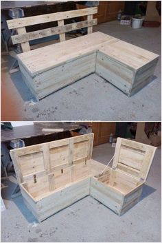 two pictures of the same bench made out of pallet wood, one is empty