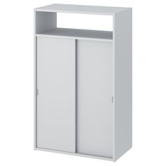 a white cabinet with two doors and shelves