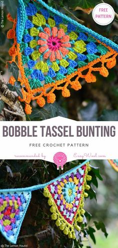 a crocheted triangle hanging from a tree with the text bubble tassel bunting free crochet pattern