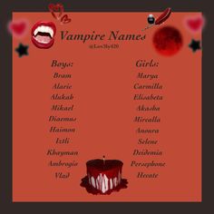 the vampire name list is displayed on an orange background with red hearts and blood dripping from it