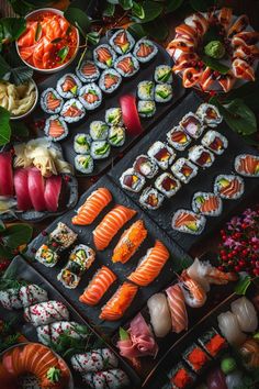 sushi platter with many different types of sushi and other foods on it