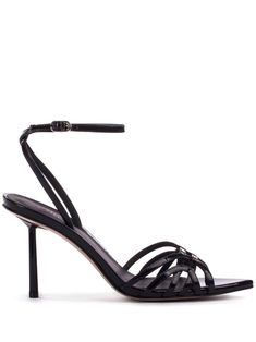 black leather patent finish caged design buckle-fastening ankle strap open toe high stiletto heel Black Strappy Sandals, Sandals Black, Nappa Leather, Strappy Sandals, Stiletto Heel, Patent Leather, Ankle Strap, Stiletto Heels, Open Toe