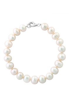 A classic piece to wear solo or in a stack, this lustrous freshwater pearl bracelet secures with a sterling-silver clasp for elegant style. 7 1/2" length Pearl size: 7mm Lobster clasp closure Freshwater pearl/sterling silver Made in USA Gold Pearl Bracelet, Freshwater Pearl Bracelet, Pearl Size, Gold Pearl, Pearl Bracelet, Womens Jewelry Bracelets, Elegant Style, Lobster Clasp, Fresh Water