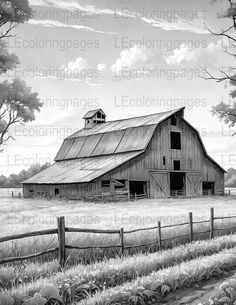 a black and white drawing of a barn in a field with trees, grass and fence