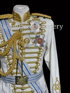 "H2/5 Gold braided white jacket. This is natural white 8 pcs Military Officers ceremonial heavy cotton jacket with gold braids and Trims at chest and cuffs, it has brass polished gold  buttons  &  shoulder Aiguillettes & eppaulates accessories, Waist  Belt has metal buckle with 3 x stars badges with detachable back pin. Adjustable blue stripes on silver  sash  are all included in this sale. Please note it's free size belt with adjustable adjuster can fit up 28\"- 42\" Please refer to the photos.  Sizes are available  XXS - to fit 36\" chest  XS - to fit 38\" chest   To S to fit 40\" chest -  To M to fit 42\" chest   L - To Fit size 44\" XL - to Fit size 46\" XXL to fit 48\"  Front and back length - 32\" approximately  Sleeve length. - 26\" approximately  Shoulder- 20.5\" Thank you for look Gold Braids, Star Badge, Royal Clothing, Royal Aesthetic, Blue Cross, Sash Belt, Photography Poses For Men, Different Outfits, White Jacket