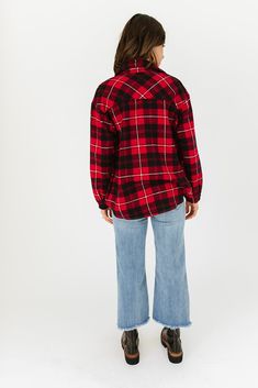 red plaid // collared, working buttons, long sleeves, pockets paired with our milo ribbed bodysuit + high kick denim in medium wash + vance double tab chelsea boot model is 5'9" + wearing a small measurements are approximate + taken while laying flat small : bust 44” length 27.5” medium : bust 46” length 28” large : bust 48" length 28.5" more fit + fabric info : polyester // fabric has no stretch // relaxed fit Relaxed Fit Flannel Shirt For Workwear In Fall, Trendy Fall Outerwear For Casual Gatherings, Flannel Tops For Workwear In Fall, Trendy Relaxed Fit Flannel Shirt For Work, Collared Fall Shacket For Casual Gatherings, Fall Button-up Shacket For Casual Gatherings, Collared Flannel Shirt For Casual Fall Gatherings, Trendy Button-up Flannel Shirt For Fall, Trendy Fall Flannel Button-up Shirt