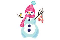 a snowman wearing a pink hat and scarf with two birds perched on the branch