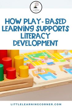 a wooden tray with toys on it and the title how play - based learning supports children's development