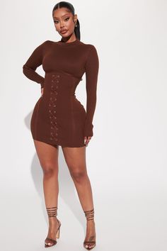 Fashion Nova Outfits Dresses, Chocolate Sweater, Long Sleeve Dress Red, Chocolate Fashion, Sweater Mini Dress, Corporate Dress, Mini Dress Long Sleeve, Elegant Outfit Classy, Fashion Nova Outfits