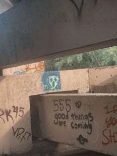 some graffiti on the side of a building under a bridge over looking trees and water