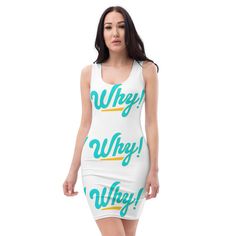 ✨ Make a bold statement with our "WHY! Bodycon Dress" - a perfect blend of style and comfort. This all-over printed, fitted dress is designed to turn heads and spark conversations with its thought-provoking question. Crafted from a smooth and comfortable microfiber yarn, this dress features a four-way stretch to ensure a flattering fit that moves with you. ✨ The "WHY! Bodycon Dress" is made from high-quality materials: 82% polyester and 18% spandex, providing durability and a soft, luxurious fee Trendy White Stretch Bodycon Dress, Fitted Graphic Print Mini Dress For Summer, Fitted Mini Dress With Graphic Print For Summer, Summer Fitted Mini Dress With Graphic Print, Trendy White Stretch Dress, White Sleeveless Dress With Graphic Print, Trendy White Bodycon Dress, Trendy Fitted Mini Dress With Graphic Print, Trendy Fitted Graphic Print Mini Dress