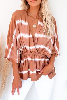 Tie Dye Peplum Top Summer Day Out Brown Blouse, Summer Brown Blouse For Brunch, Flowy Brown Blouse For Spring, Brown Flowy Tops For Spring, Trendy Brown Spring Blouse, Flowy Brown Blouse For Summer, Flowy Brown Top For Spring, Chic Brown Tops For Spring, Chic Brown Top For Spring