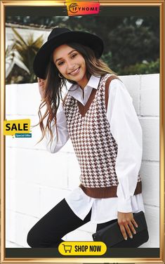 Brown V Neck Argyle Plaid Knitted Sweater Vest Streetwear Preppy, Knitted Sweater Vest, Houndstooth Sweater, Slim Fit Sweater, Plaid Vest, Shorts Skirts, High Waisted Jeans, Crop Top Blouse, Brown Sweater