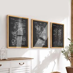 three framed drawings hang on the wall next to a white dresser and potted plant