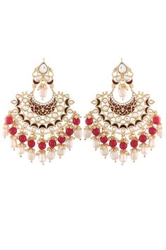 Product Features: Color: Maroon Base Metal: Alloy Work: Red Enamel Glided with Kundans and Pearls Plating Material: 18K Gold Plated Earring Dimension: L- 10 CM x W – 8 CM Occasion: Festive Disclaimer: There will be slight difference in digital to actual image Chandbali Earrings, Buy Buy, Base Metal, Things To Buy, Product Features, 18k Gold, Gold Plate, Crown Jewelry, Plating