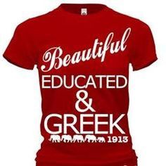 a red t - shirt with the words beautiful, educated and greek on it