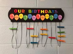 a sign that says our birthdays hanging on a wall with some clips attached to it