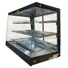 a glass display case with shelves for food on the bottom, and one shelf below