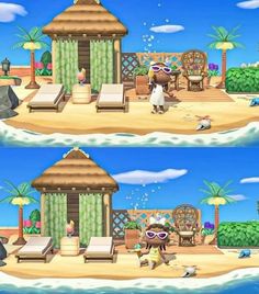 two pictures of the same beach house in animal crossing, one is wearing sunglasses and the other has sun glasses