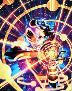 an image of a man in space surrounded by stars and circles, with his arms stretched out