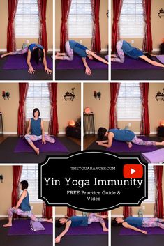 the woman is practicing yoga in front of a red curtain and purple carpeted wall