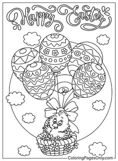 happy easter coloring page with an image of a bunny in a basket and the words happy easter